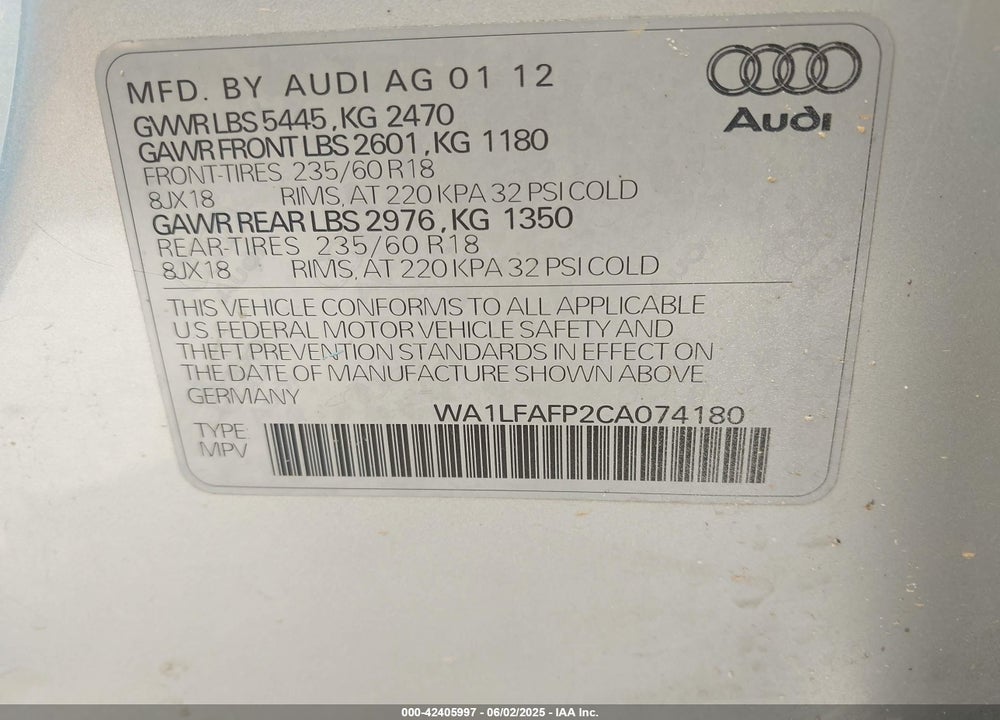 2012 AUDI Q5 VIN: WA1LFAFP2CA074180