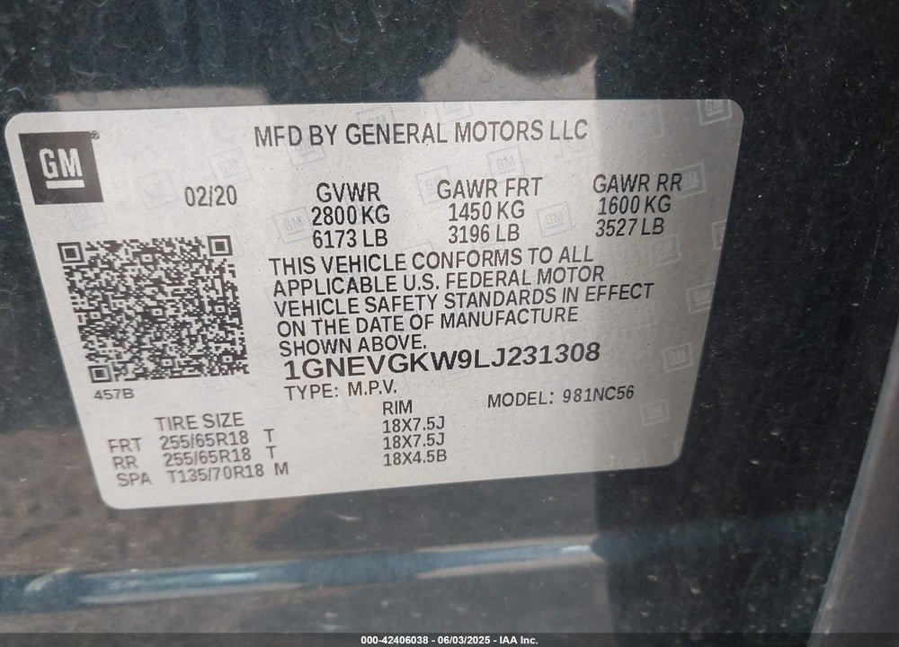 2020 CHEVROLET TRAVERSE VIN: 1GNEVGKW9LJ231308
