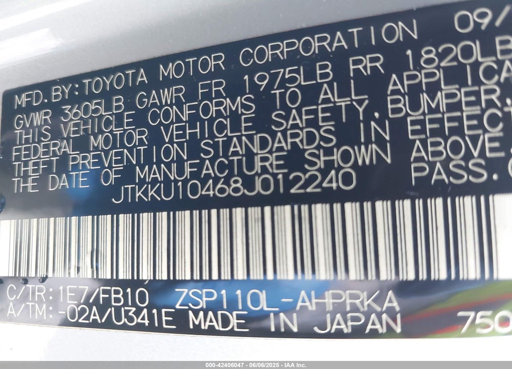 2008 SCION XD VIN: JTKKU10468J012240