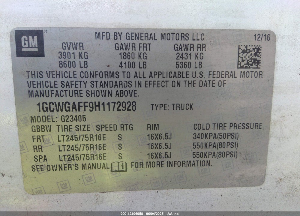 2017 CHEVROLET EXPRESS 2500 WORK VAN VIN: 1GCWGAFF9H1172928