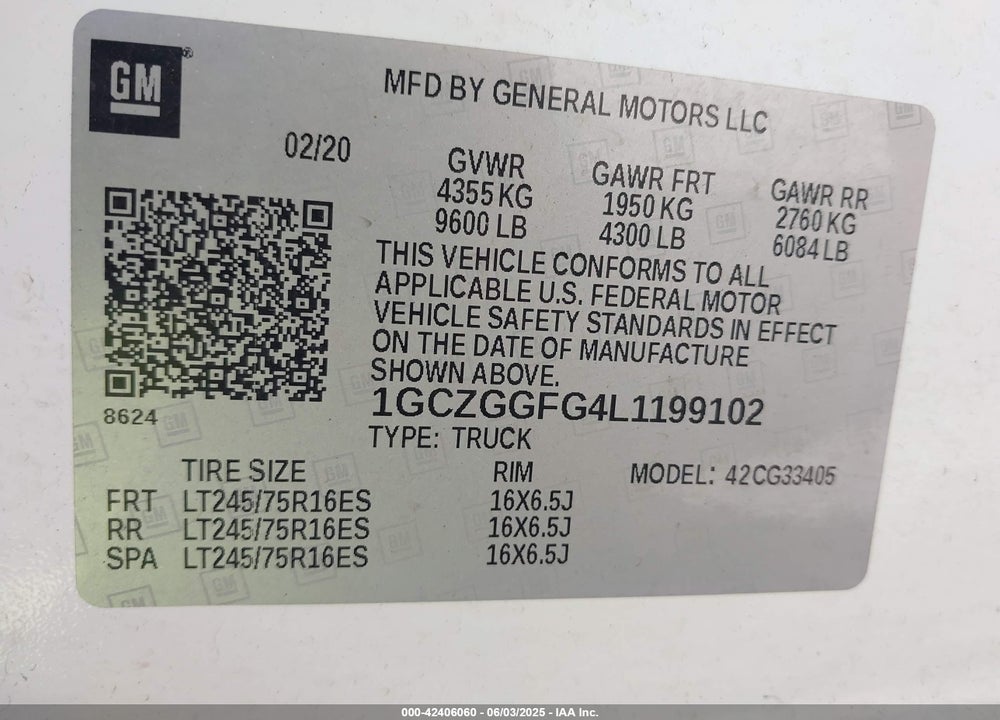 2020 CHEVROLET EXPRESS CARGO RWD 3500 REGULAR WHEELBASE WT VIN: 1GCZGGFG4L1199102