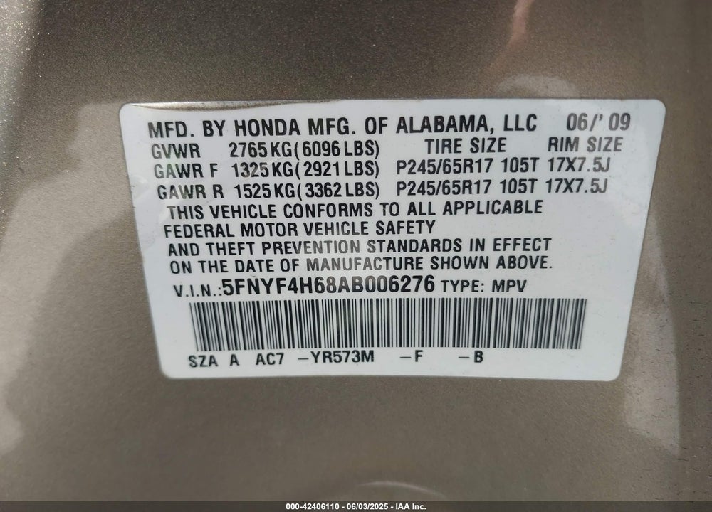 2010 HONDA PILOT VIN: 5FNYF4H68AB006276