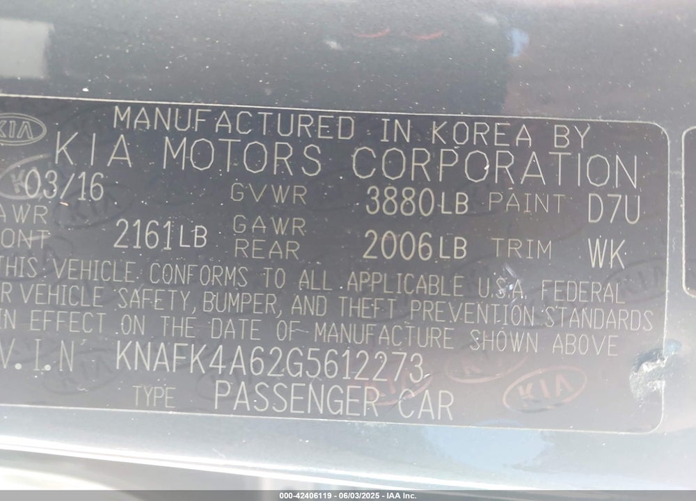 2016 KIA FORTE VIN: KNAFK4A62G5612273