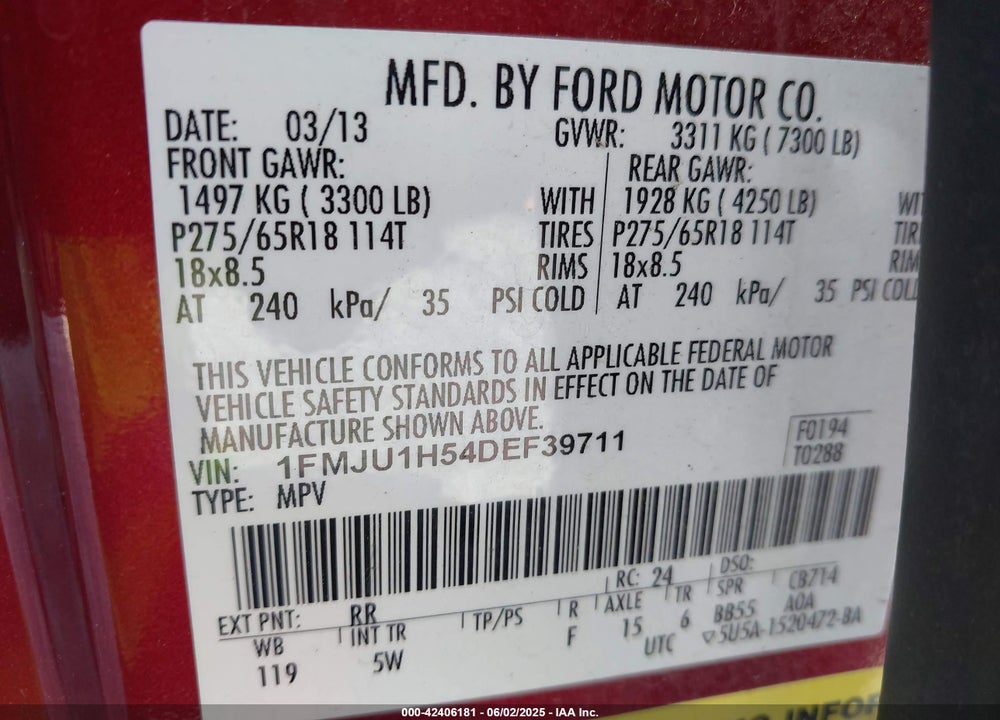 2013 FORD EXPEDITION VIN: 1FMJU1H54DEF39711