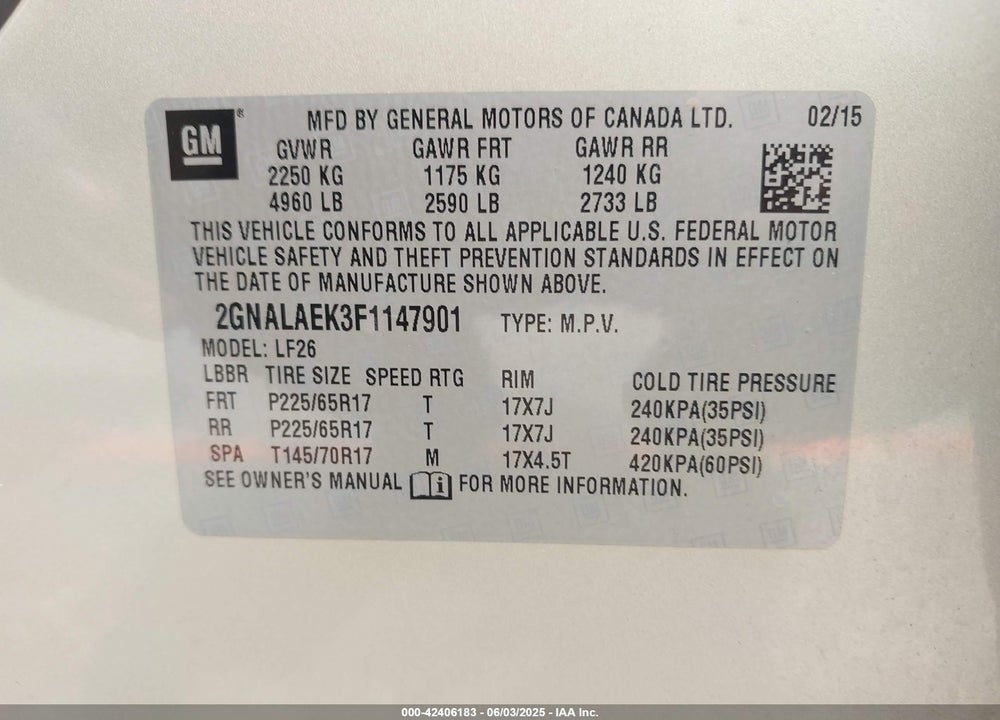 2015 CHEVROLET EQUINOX VIN: 2GNALAEK3F1147901