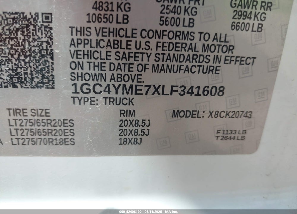 2020 CHEVROLET SILVERADO 2500HD VIN: 1GC4YME7XLF341608