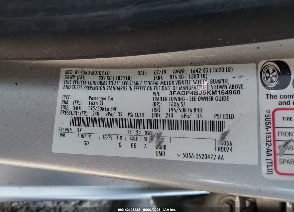 2019 FORD FIESTA VIN: 3FADP4BJ5KM164960