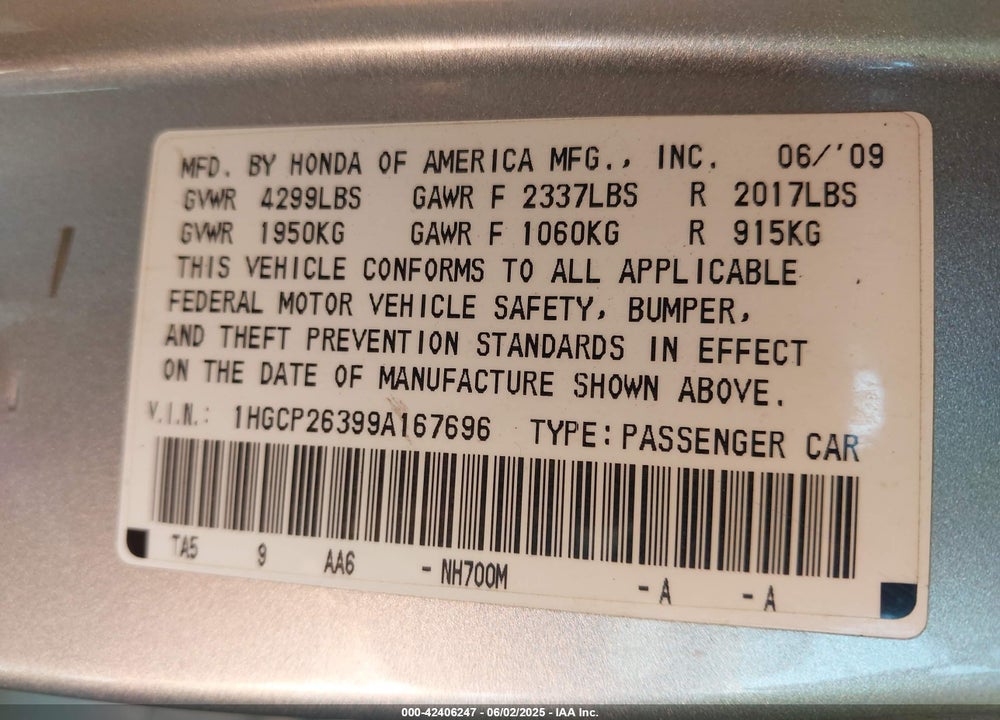 2009 HONDA ACCORD VIN: 1HGCP26399A167696