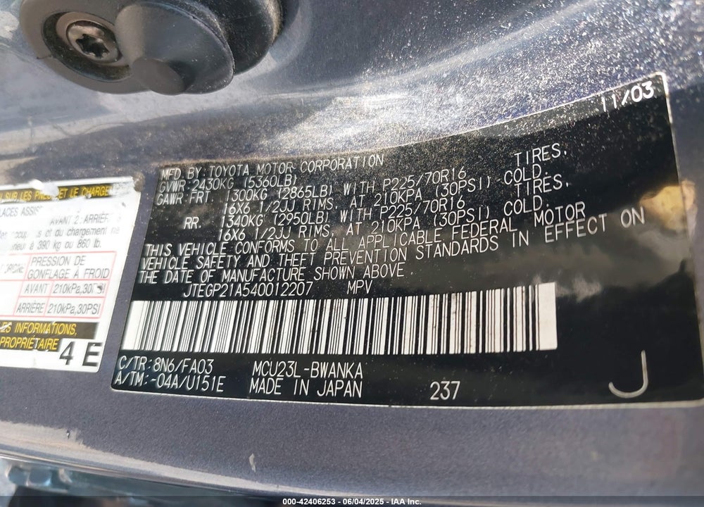 2004 TOYOTA HIGHLANDER V6 VIN: JTEGP21A540012207