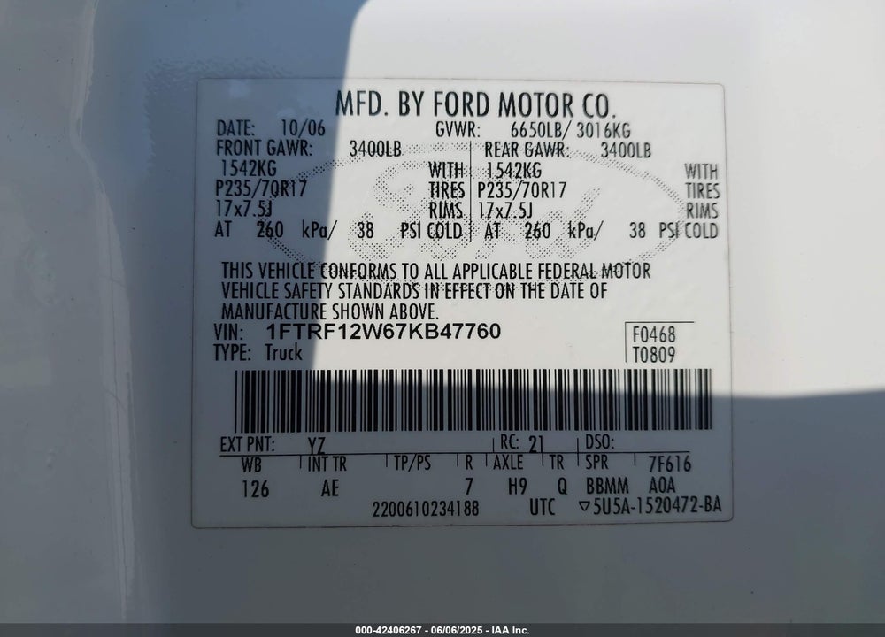 2007 FORD F-150 STX/XL/XLT VIN: 1FTRF12W67KB47760