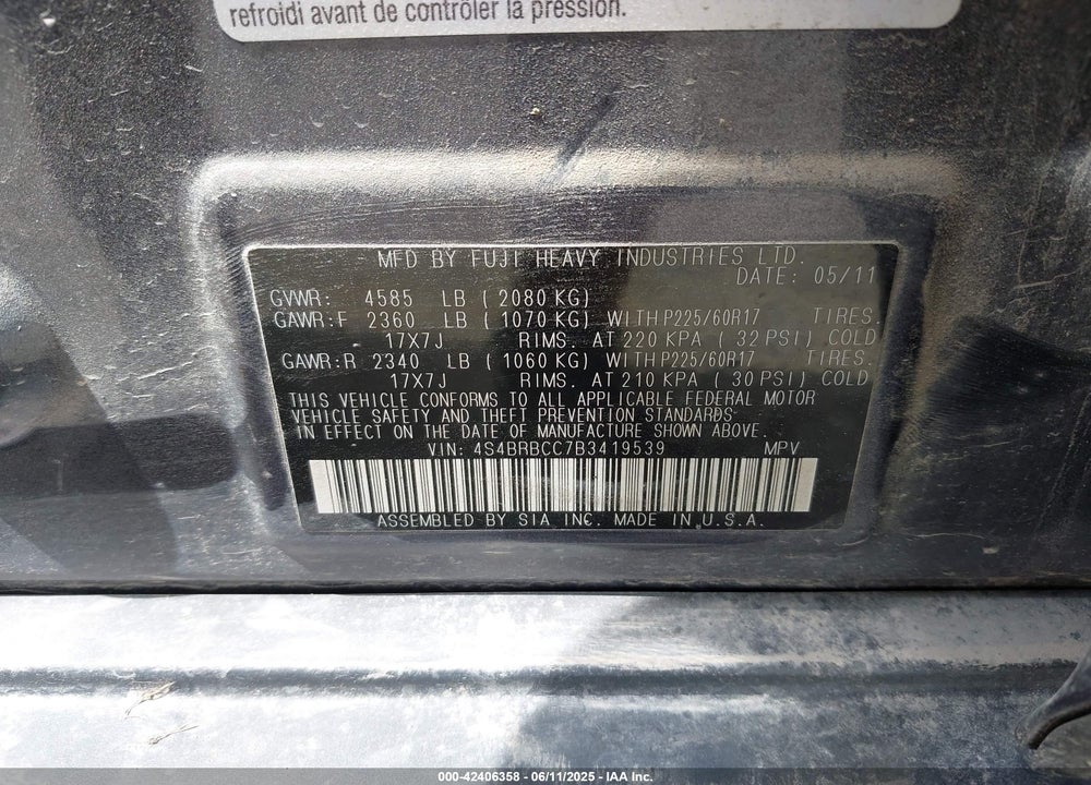 2011 SUBARU OUTBACK VIN: 4S4BRBCC7B3419539