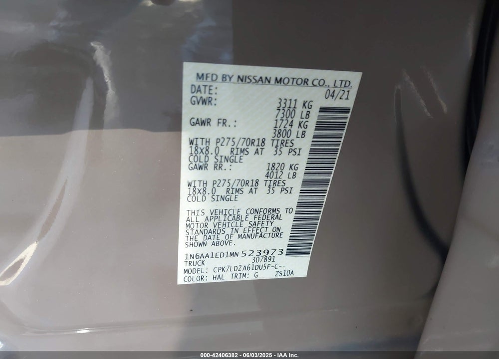 2021 NISSAN TITAN PRO-4X 4X4 VIN: 1N6AA1ED1MN523973