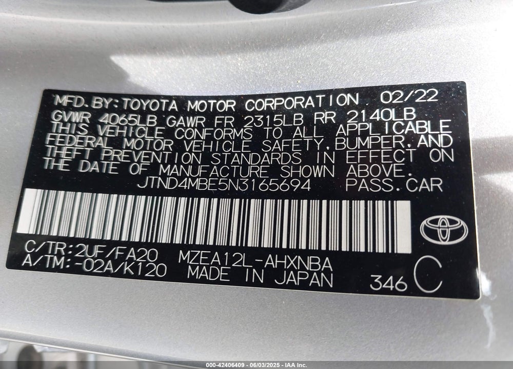 2022 TOYOTA COROLLA VIN: JTND4MBE5N3165694