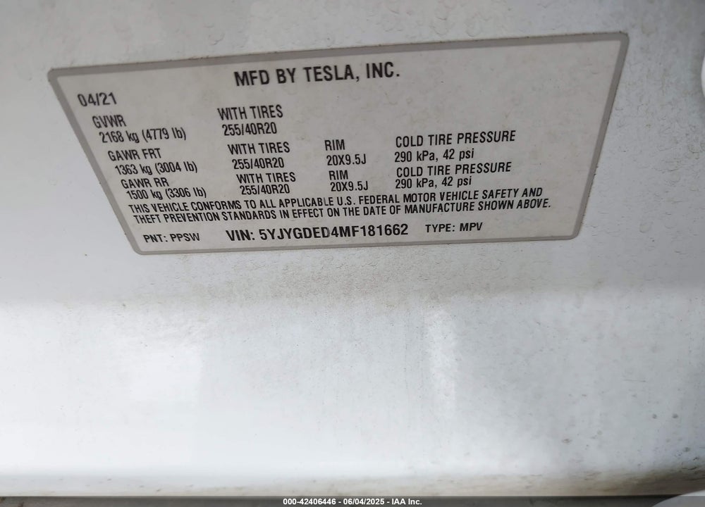 2021 TESLA MODEL Y VIN: 5YJYGDED4MF181662