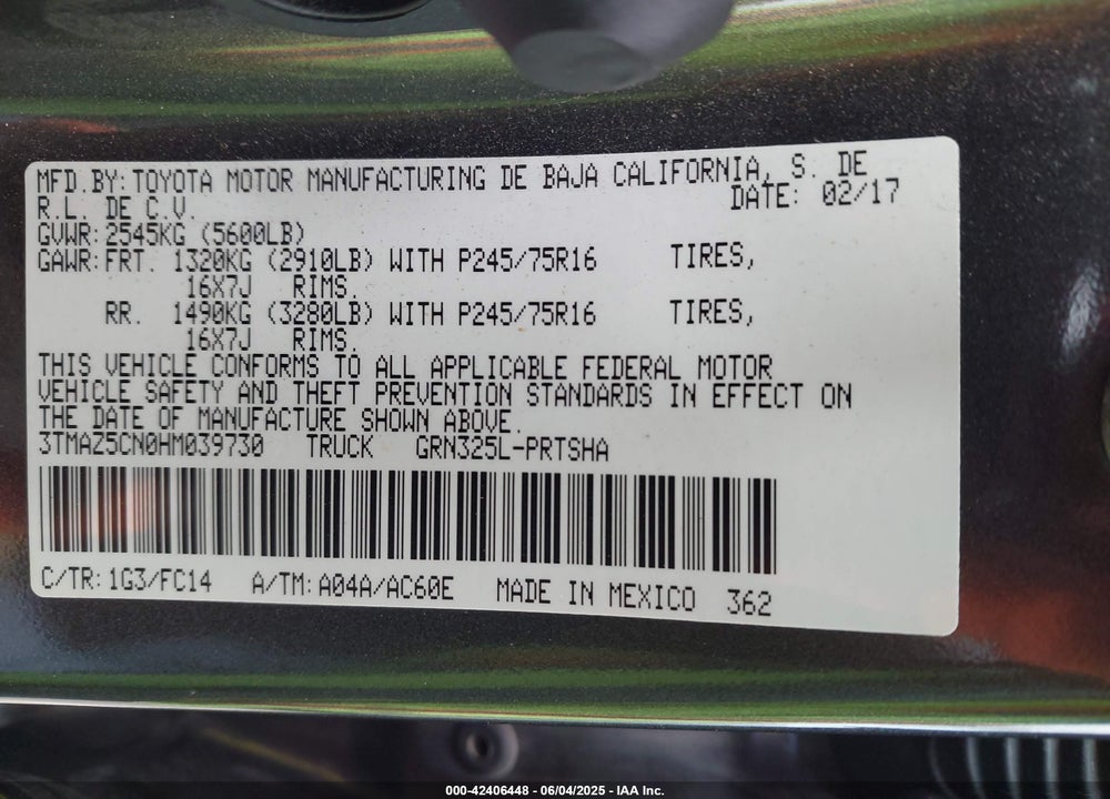 2017 TOYOTA TACOMA SR5 V6 VIN: 3TMAZ5CN0HM039730