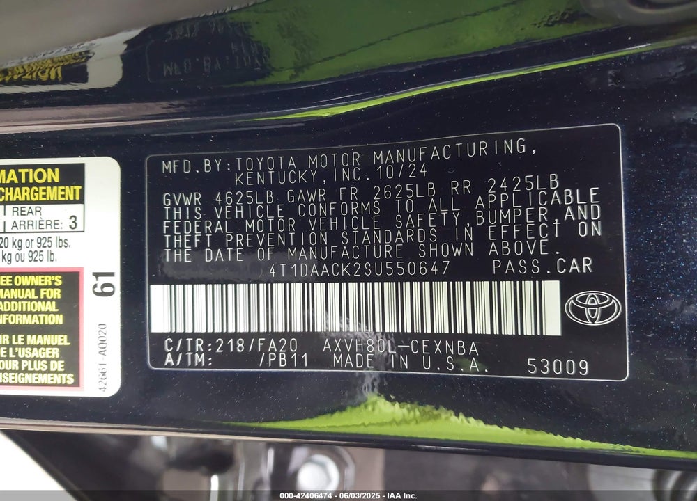 2025 TOYOTA CAMRY VIN: 4T1DAACK2SU550647