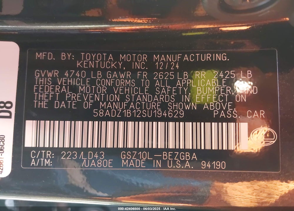 2025 LEXUS ES350 VIN: 58ADZ1B12SU194629