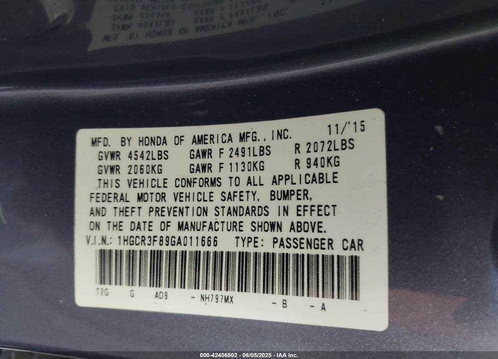 2016 HONDA ACCORD VIN: 1HGCR3F89GA011666