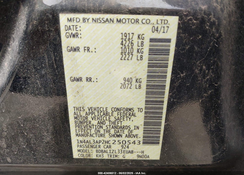 2017 NISSAN ALTIMA VIN: 1N4AL3AP2HC250543