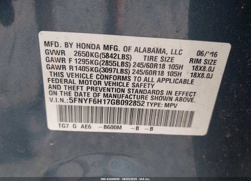 2016 HONDA PILOT LX VIN: 5FNYF6H17GB092852