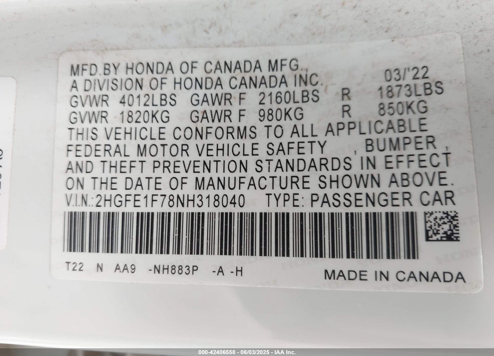 2022 HONDA CIVIC VIN: 2HGFE1F78NH318040