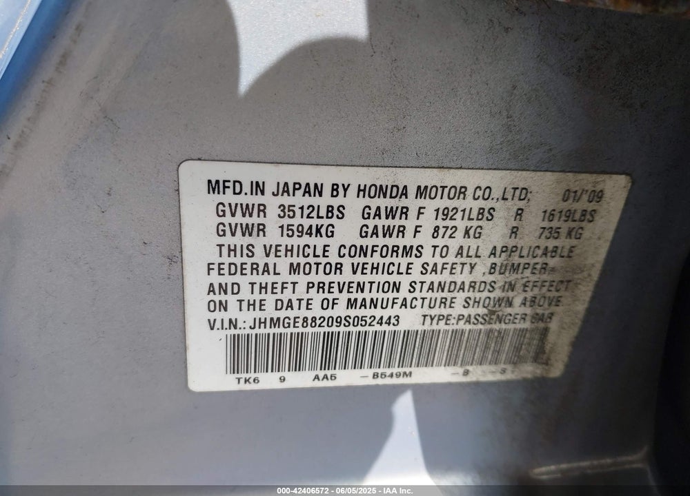 2009 HONDA FIT VIN: JHMGE88209S052443