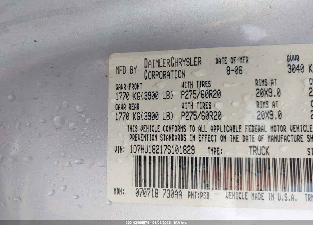 2007 DODGE RAM 1500 LARAMIE VIN: 1D7HU18217S101829