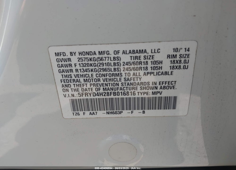 2015 ACURA MDX VIN: 5FRYD4H28FB016816
