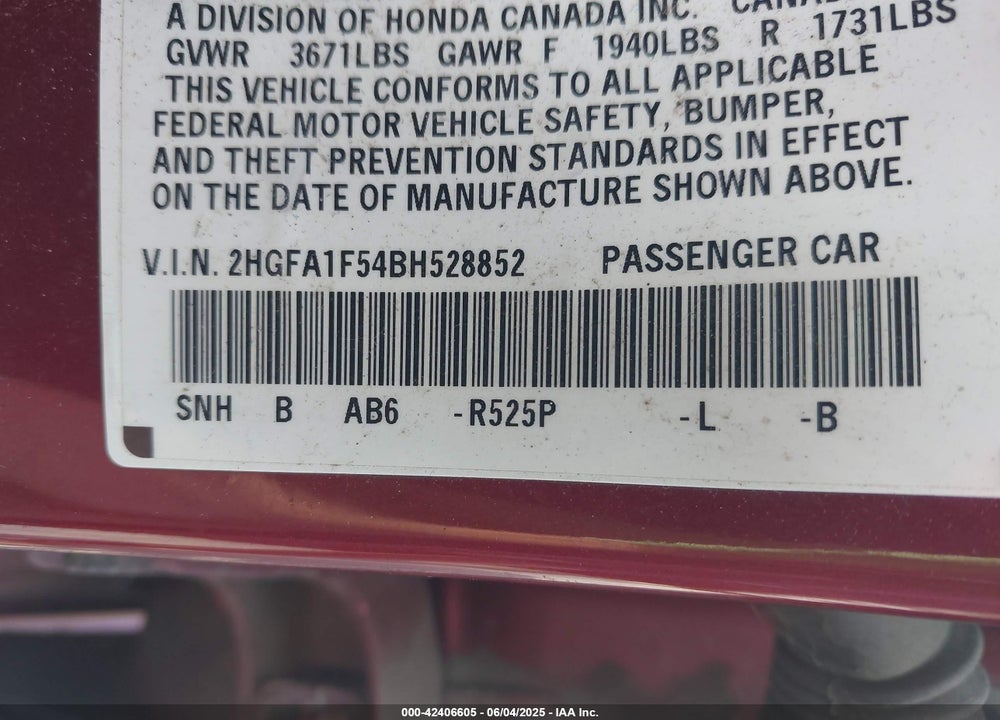 2011 HONDA CIVIC VIN: 2HGFA1F54BH528852