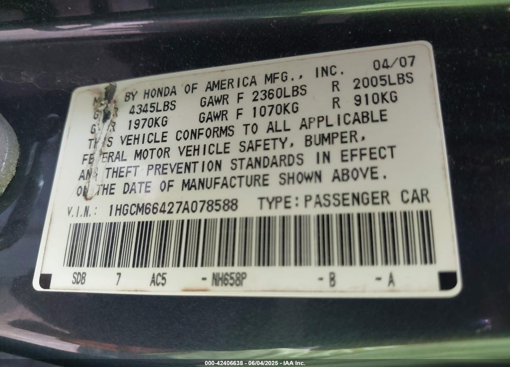 2007 HONDA ACCORD VIN: 1HGCM66427A078588