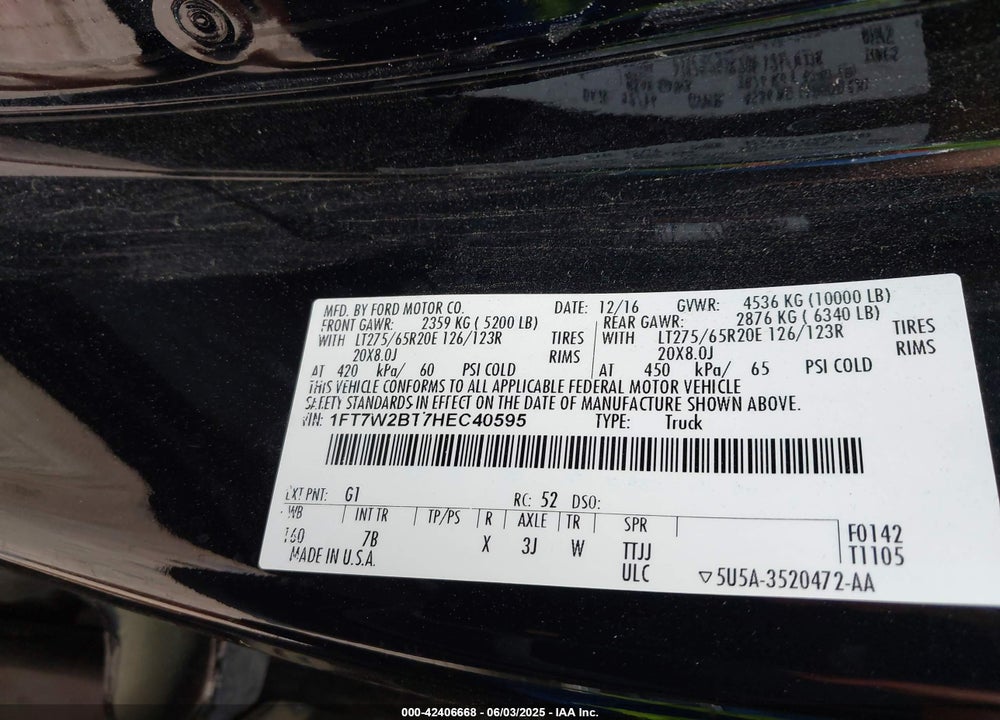 2017 FORD F-250 VIN: 1FT7W2BT7HEC40595