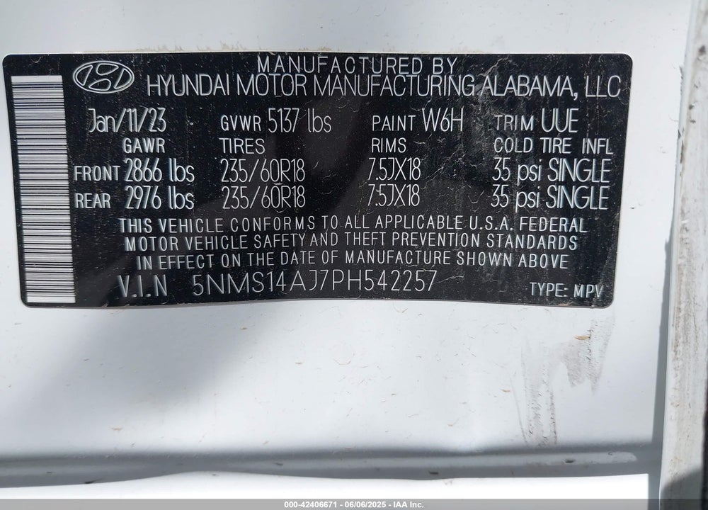 2023 HYUNDAI SANTA FE VIN: 5NMS14AJ7PH542257