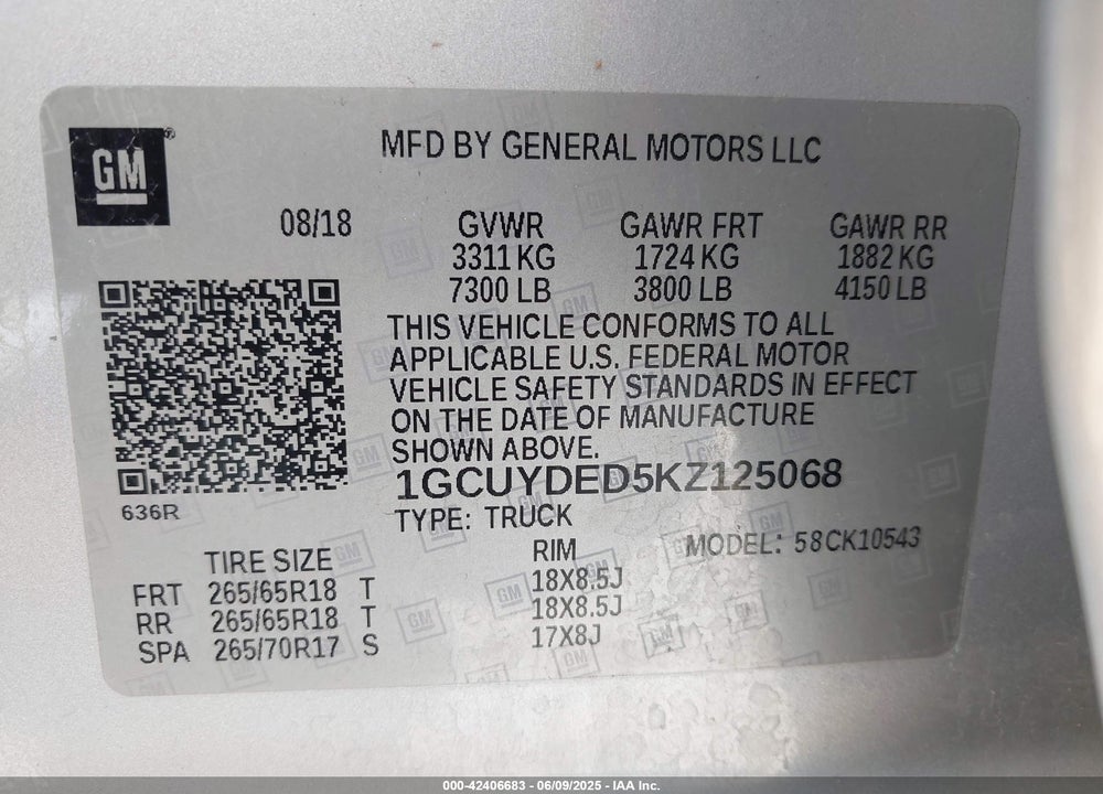 2019 CHEVROLET SILVERADO VIN: 1GCUYDED5KZ125068