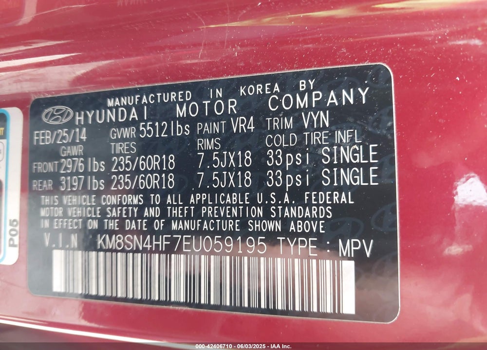 2014 HYUNDAI SANTA FE VIN: KM8SN4HF7EU059195