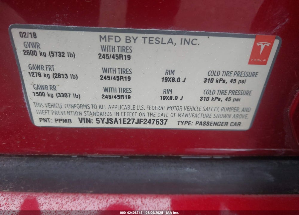 2018 TESLA MODEL S 100D/75D/P100D VIN: 5YJSA1E27JF247637