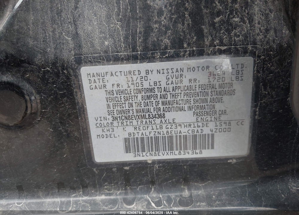 2021 NISSAN VERSA SV XTRONIC CVT VIN: 3N1CN8EVXML834368
