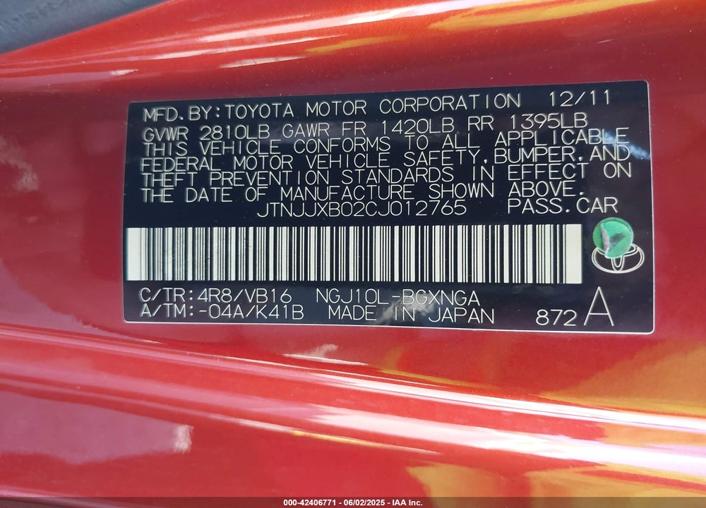 2012 SCION IQ VIN: JTNJJXB02CJ012765