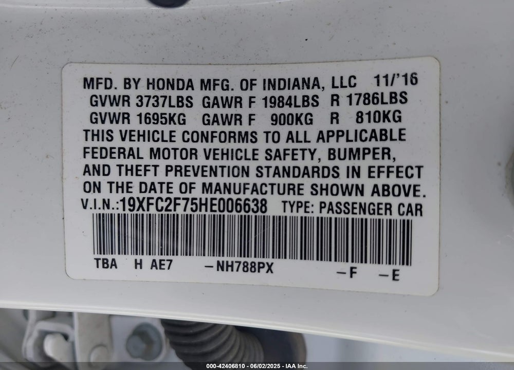 2017 HONDA CIVIC VIN: 19XFC2F75HE006638