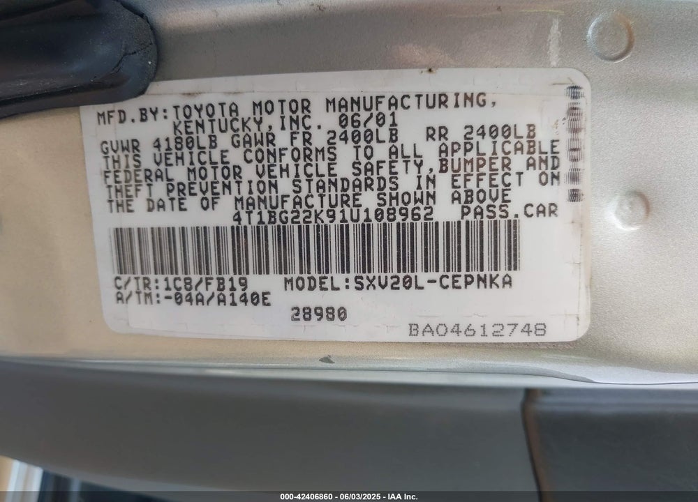 2001 TOYOTA CAMRY LE VIN: 4T1BG22K91U108962