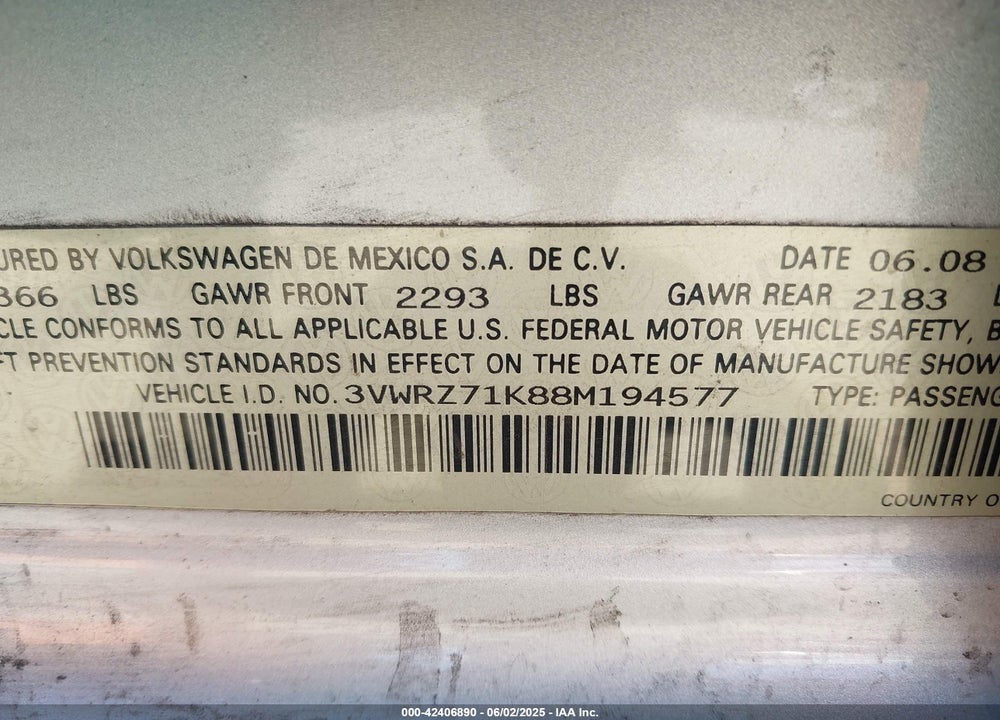 2008 VOLKSWAGEN JETTA VIN: 3VWRZ71K88M194577