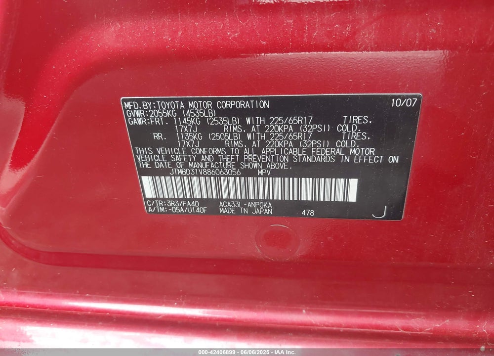 2008 TOYOTA RAV4 VIN: JTMBD31V886063056