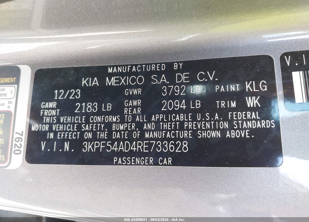 2024 KIA FORTE VIN: 3KPF54AD4RE733628