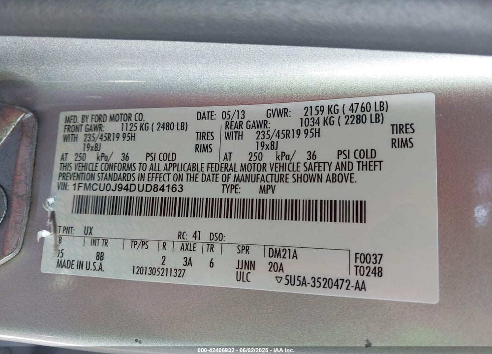 2013 FORD ESCAPE VIN: 1FMCU0J94DUD84163