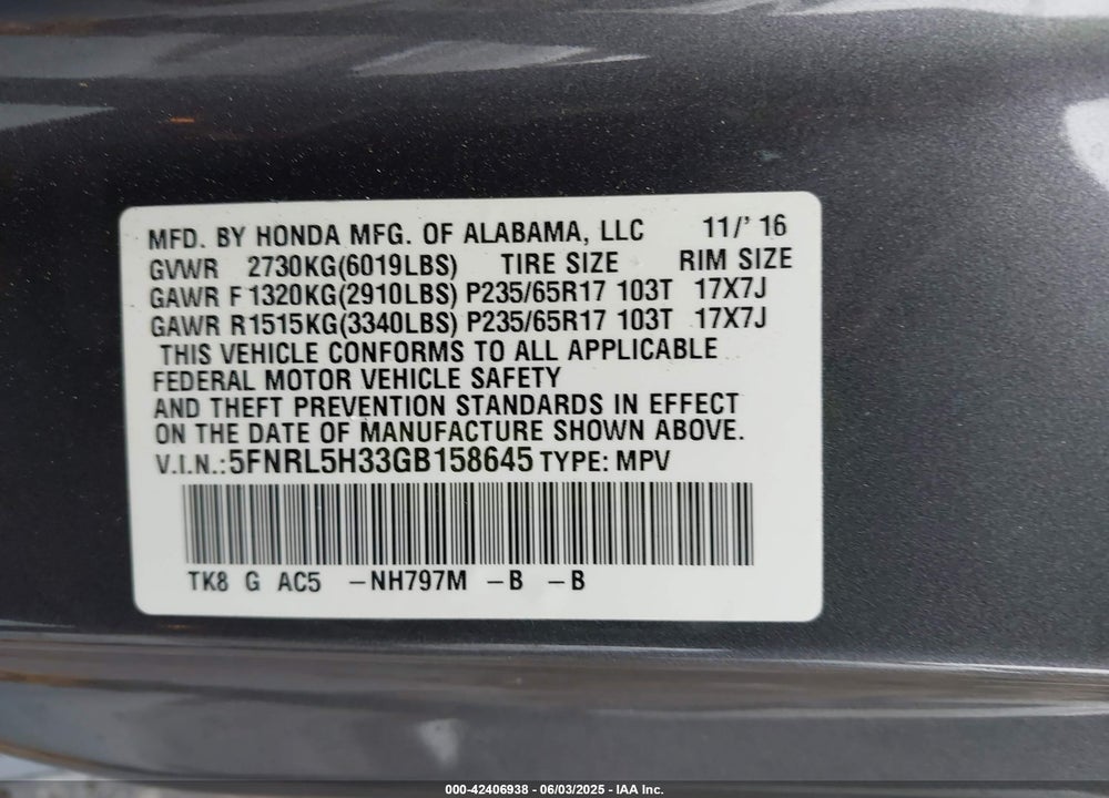 2016 HONDA ODYSSEY SE VIN: 5FNRL5H33GB158645