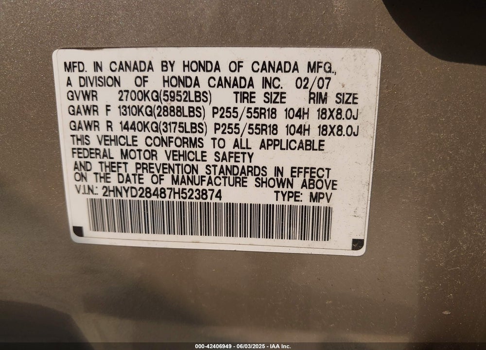 2007 ACURA MDX VIN: 2HNYD28487H523874