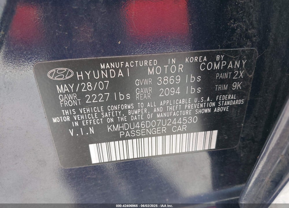2007 HYUNDAI ELANTRA VIN: KMHDU46D07U244530