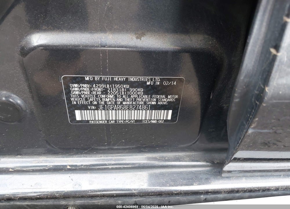 2014 SUBARU IMPREZA VIN: JF1GPAR68E8274861