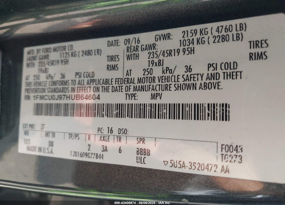 2017 FORD ESCAPE TITANIUM VIN: 1FMCU0J97HUB64604