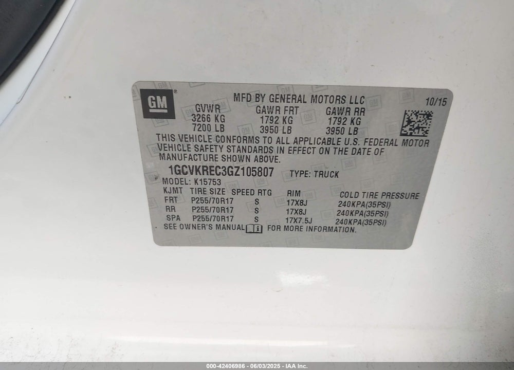 2016 CHEVROLET SILVERADO VIN: 1GCVKREC3GZ105807