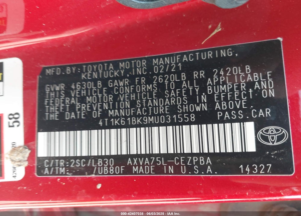 2021 TOYOTA CAMRY VIN: 4T1K61BK9MU031558